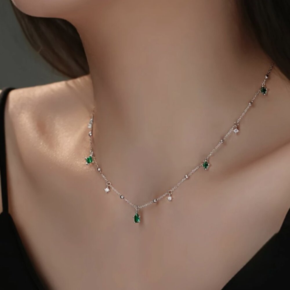 Dainty Necklace With Small Clear and Green Crystals (Silver Tone)